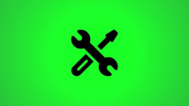 Industrial repair tools icon animation with crossed wrench and screwdriver rotating on green background chroma key