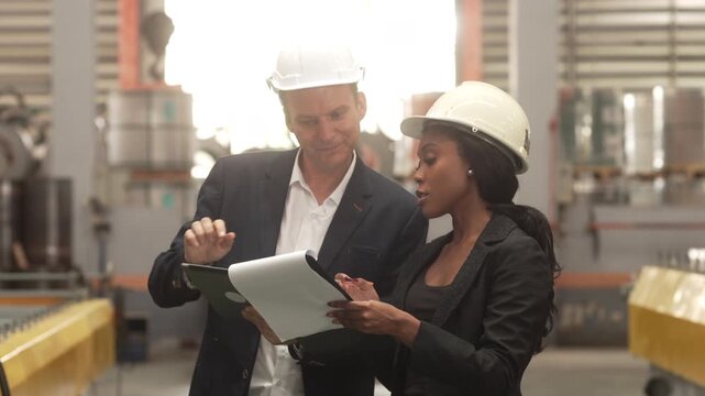 Medium shot of a Caucasian male executive and a Black female manager wearing safety helmets while reviewing operational data on a digital tablet in a heavy industrial plant. Concept of corporate 