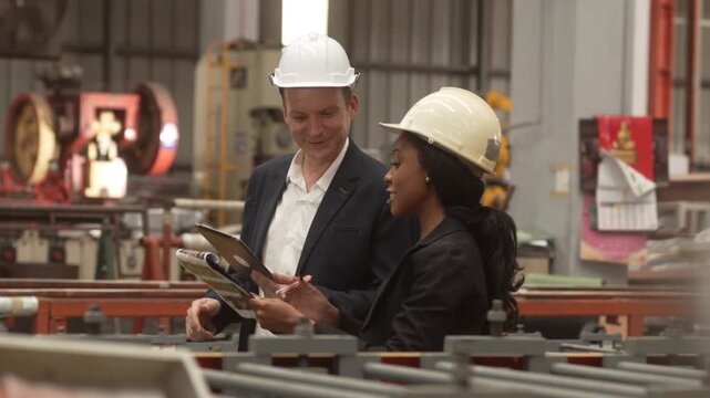 Medium shot of a Caucasian male executive and a Black female manager wearing safety helmets while reviewing operational data on a digital tablet in a heavy industrial plant. Concept of corporate 