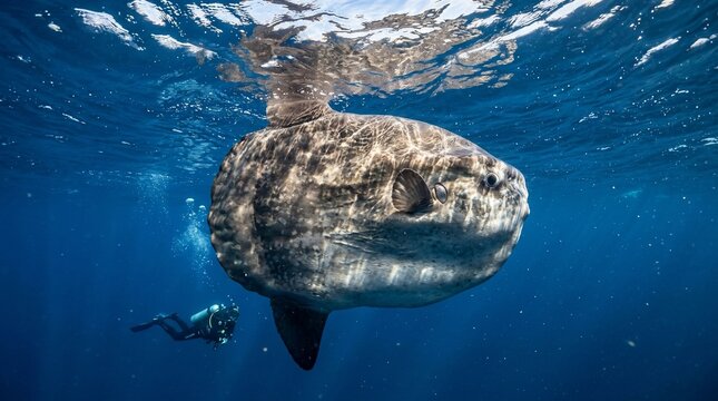 Huge ocean sunfish swimming with scuba diver in deep blue water.