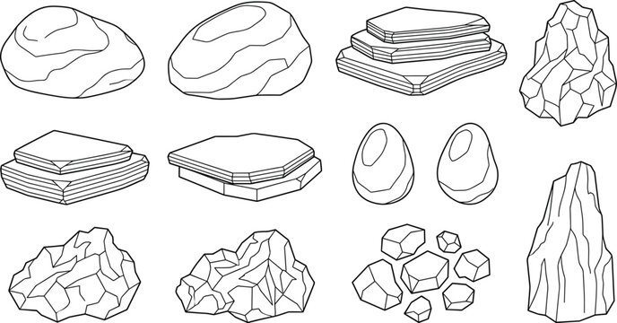 Rock and Stone Line Art Vector Collection Featuring Boulders Cliffs Geological Formations and Natural Landscape Elements