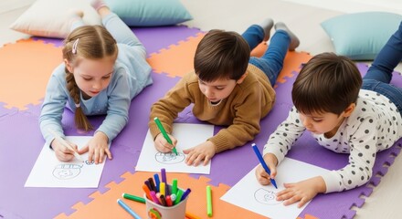 Obraz premium Three Creative Preschool Children Lying on Floor and Drawing with Colorful Markers on Paper