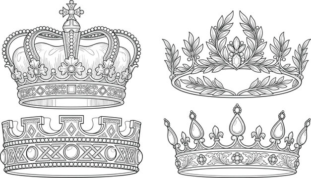 Royal crown collection, ornate monarchy line art, vintage regal tiaras, vector outline bundle for heraldic design