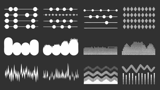 Audio waveform variations a collection of vector illustrations on a dark gray background sound frequency