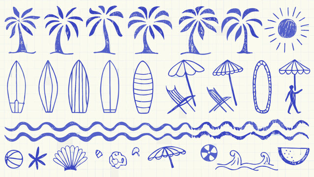 Beach doodles including palm trees surfboards and seashells in a blue sketch style on graph paper
