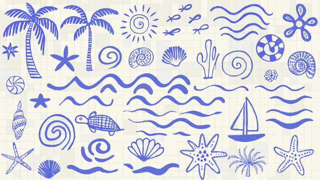 Nautical Doodles And Beach Elements A Blue Sketch Illustration On Lined Paper beachcombing coastal marine