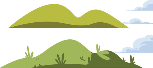 Obraz premium Cartoon green rolling hills landscape collection, grassy terrain isolated vector illustration for nature background game design elements