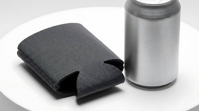 Black neoprene beverage can cooler sleeve next to a cold aluminum drink can for keeping drinks chilled. koozie mockup