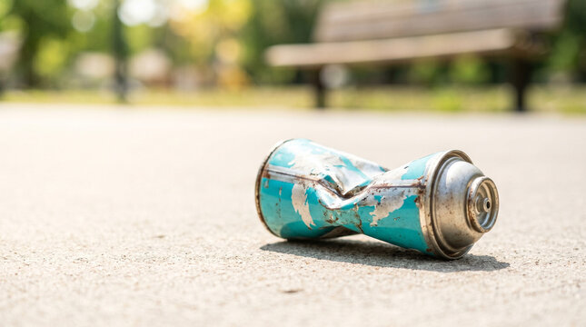 Empty dented aerosol can crushed on pavement in outdoor park setting  