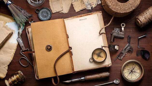 vintage junk journal flat lay with old paper and crafting tools