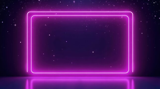 Glowing pink neon rectangle frame on a dark starry space background