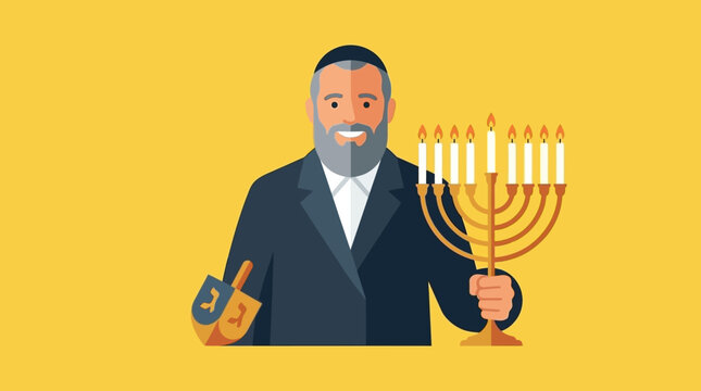 A joyful man holding a lit menorah and dreidel for Hanukkah celebrations