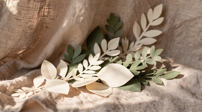Delicate Paper Leaves Arrangement on Soft Linen Fabric
