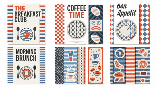 Retro Breakfast Menu Cards A Set Of Ten Vertical Vector Illustrations With Food Motifs brunch