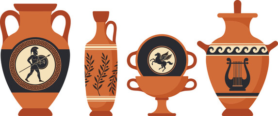 Ancient Greek Pottery Vector Vase Set with Traditional Amphora Lekythos Kylix Krater Ceramics Featuring Spartan Warrior Pegasus and Lyre for History Museum Graphic Designs © Ismail