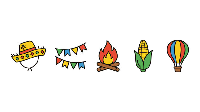 A row of colorful doodles includes a sombrero and festive party flags