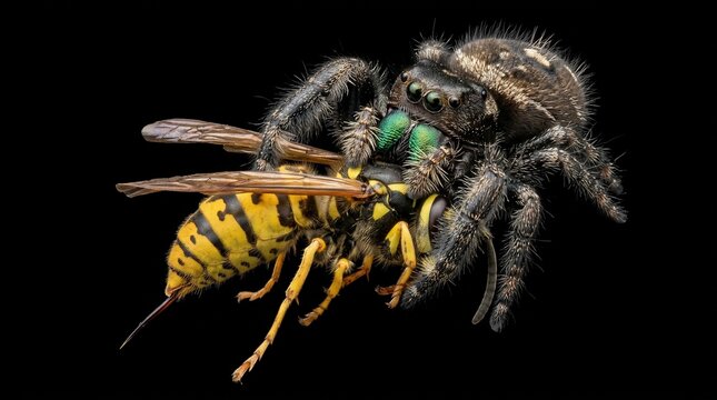 Jumping spider capturing and eating a yellow jacket wasp on black background.