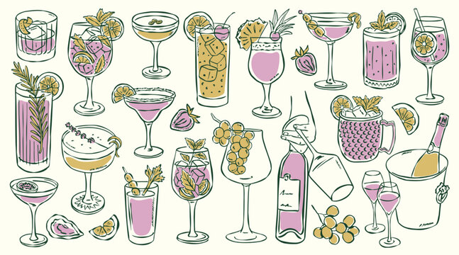 Popular cocktail vector illustrations in sketch style for greeting cards, wedding invites, posters, branding, logo design, backgrounds, and modern creative projects.