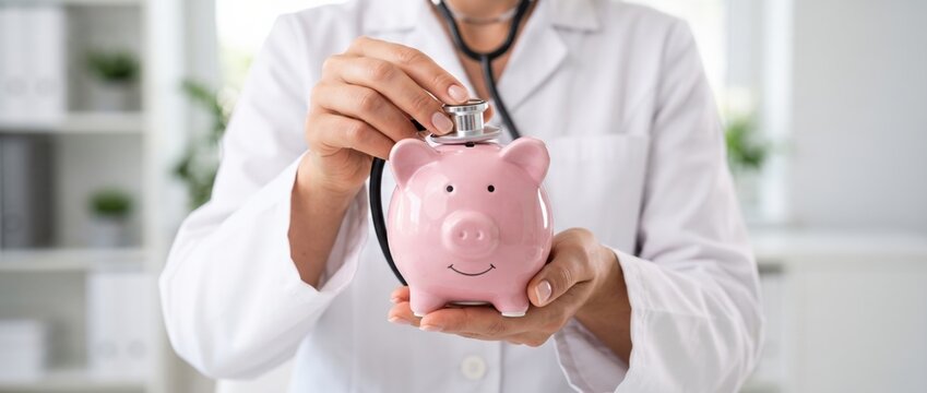 A healthcare professional conducting a financial health check by using a medical stethoscope to examine a small pink ceramic piggy bank in an office