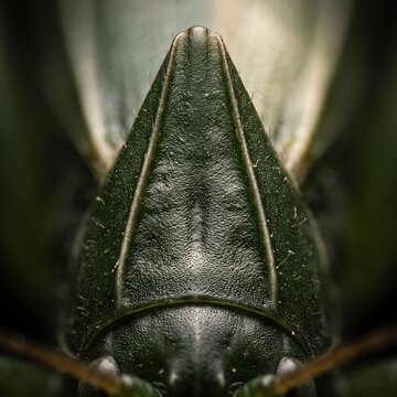 Extreme macro dorsal view of conehead katydid fastigium