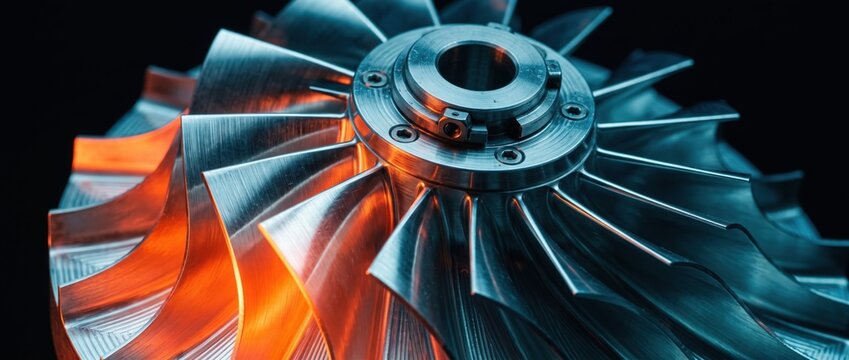 Close up of a metallic turbine impeller with contrasting orange and blue lighting against a dark background