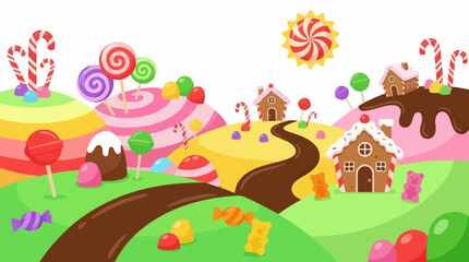 Naklejka premium A vibrant candy land with colorful lollipops, chocolate rivers and gingerbread houses under
