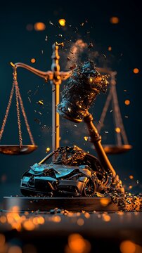 Scales of justice with gavel striking a crushed car, dramatic lighting