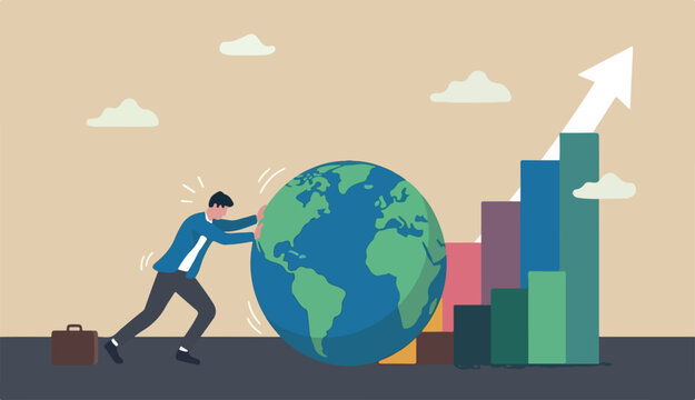 Pushing world economic forward, international investment, growth company world business competition concept, businessman leader push world rising up graph full effort