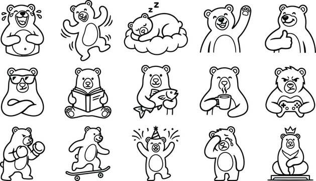 Set of cute bear character silhouettes performing daily activities with character silhouette collection elements activity sleeping drinking skateboarding emotions