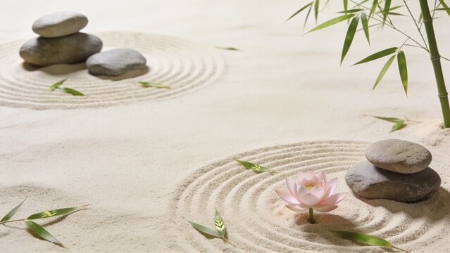 Zen rock garden with lotus and bamboo in raked sand for meditation and spa visuals