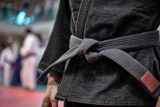 ju jitsu black belt tied tightly before match