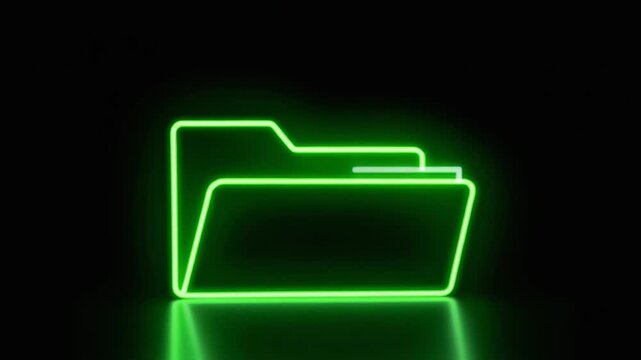 Neon green folder icon glowing and reflecting on a dark surface