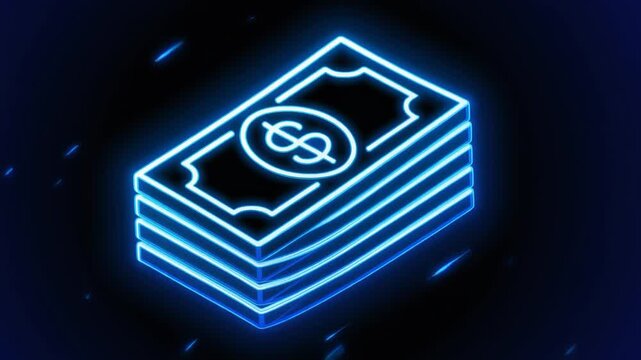 Neon blue dollar bill stack icon glowing on dark background with reflection