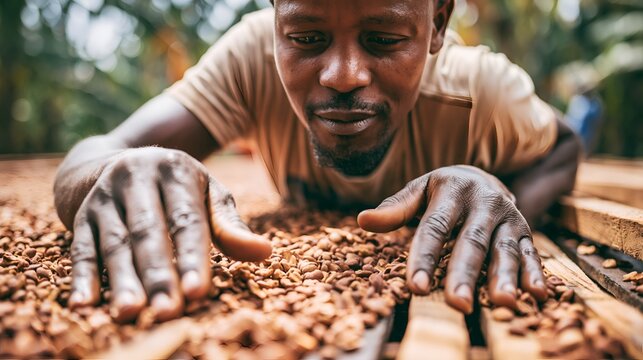 Professional coffee farmer inspecting drying coffee beans on a sun tray