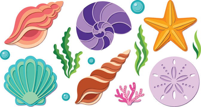 Sea Shell and Starfish Vector Icon Set with Seaweed Coral Sand Dollar and Marine Ocean Elements for Summer Vacation Websites Branding and Tropical Beach Designs