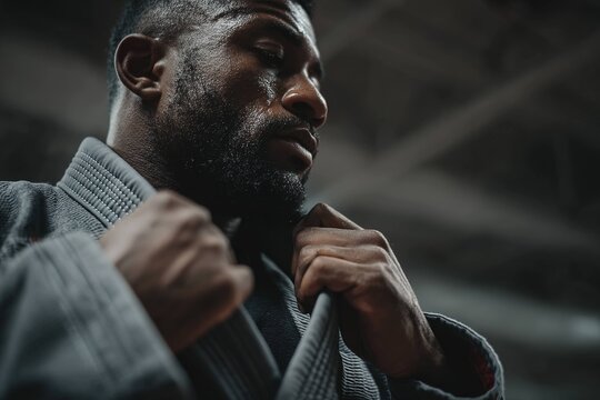 ju jitsu fighter adjusting gi collar mid-roll