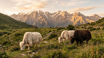 Obraz premium Three shaggy yaks grazing on a lush high altitude mountain meadow at sunset with dramatic snow capped peaks in the background under a golden sky