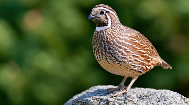 Bobwhite quail resting on a sunlit rock in soft focus background