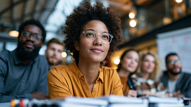 Detailed professional lifestyle photography capturing a corporate workshop. A young, multicultural team is gathered around a round table in a high-ceilinged boardroom, looking coll