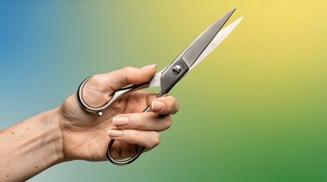 Youthful Hand Gripping Scissors Against Blue Green Yellow Gradient