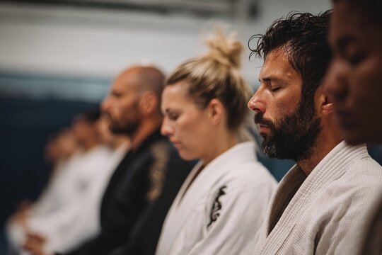 ju jitsu practitioners meditating before training