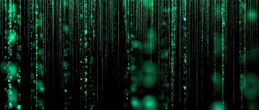 Glowing green numbers cascade in vertical code rain, creating a vivid cyberpunk atmosphere. The digital streams evoke futuristic, cinematic, and high-tech depth.