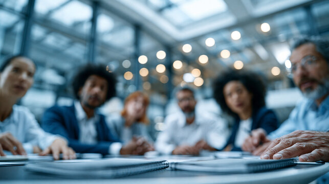 A clean minimalist architectural detail shot of an active corporate hub. A large multicultural young team is gathered around a circular table, naturally interacting while looking a