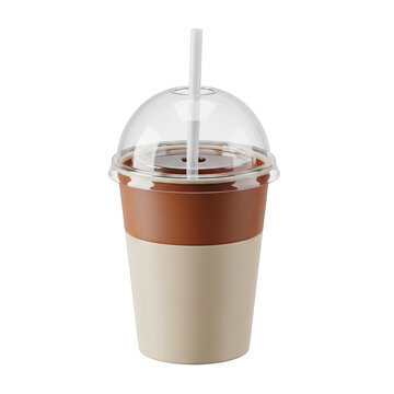 Stylish glass-topped ceramic mug with a wooden lid and straw for hot beverages. isolated on transparent background