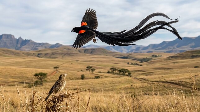 Long Tailed Widowbird Displaying in the South African Grasslands.
