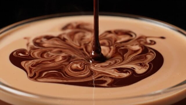 Chocolate cream swirl sauce dessert liquid pour closeup sweet cocoa glossy brown stream pouring into creamy surface creating rich marbled pattern smooth texture macro food background