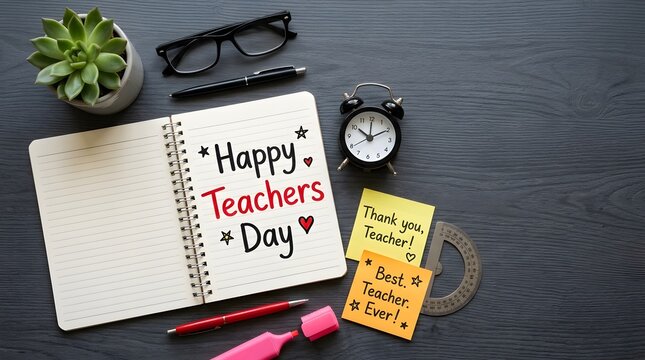 Happy teacher's day inspiring education concept with stationery and appreciation notes on wooden desk