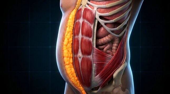 Anatomical view of human abdominal muscles and rib cage structure on black background