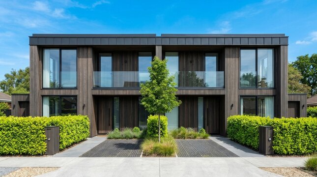 Modern luxury duplex home with dark facade and green landscaping.