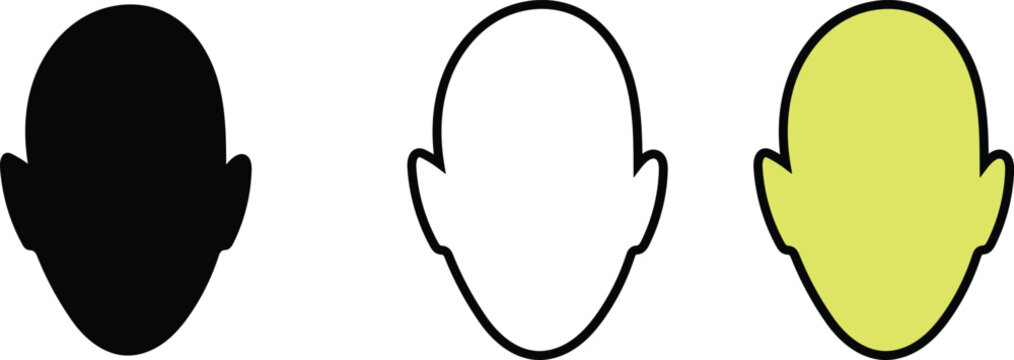 Minimalist human head silhouettes and face outline icons with solid black and green color fills and dummy icon, and bald and blank and male